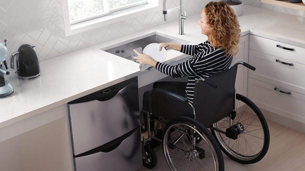 An accessible kitchen with lowered counters and clear floor space
