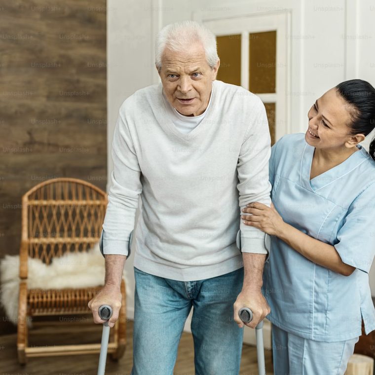 A senior walking confidently outdoors
