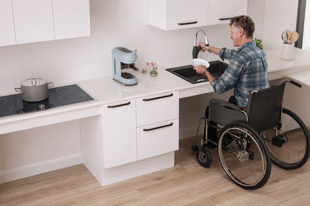 Open accessible kitchen and living area in a Homeable home