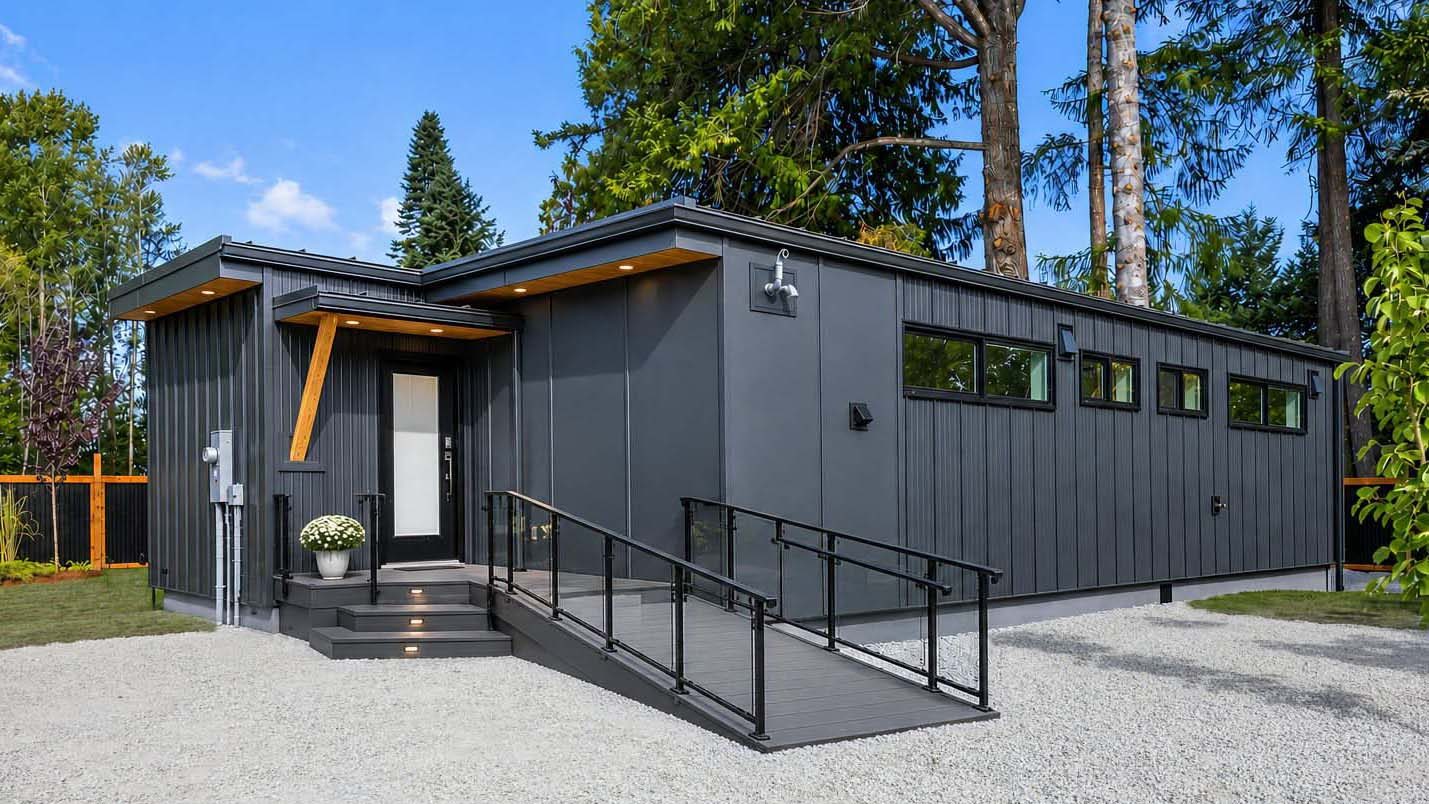 An accessible Homeable home with a wheelchair ramp at the front entry